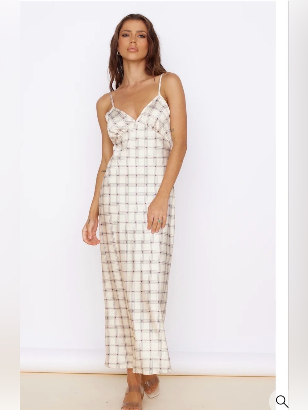 Plaid Cream Slip Maxi Dress with Spaghetti Straps